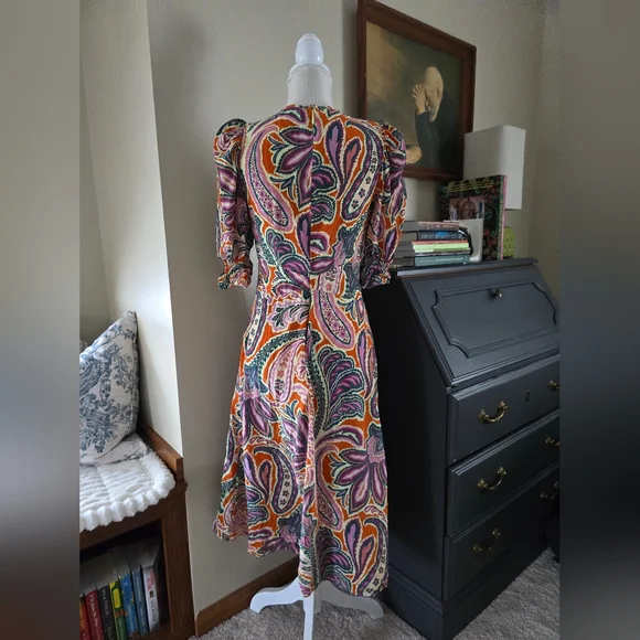 Tyler Boe Womens Dress Size Small Silk Purple And Orange Paisley Puff Sleeves - Picture 11 of 16